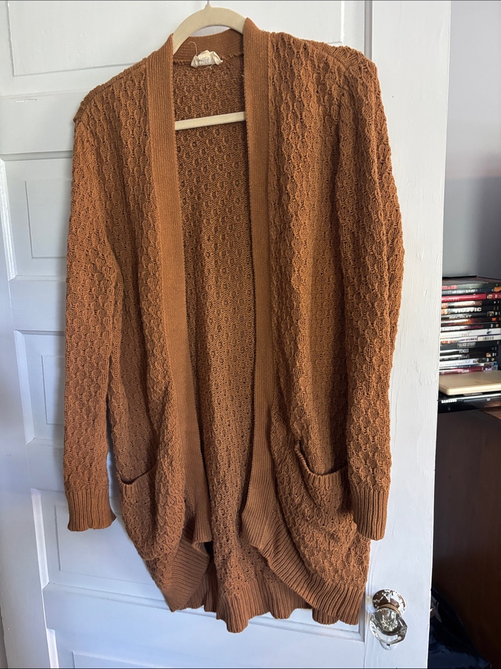 Open-Front Cable Knit Cardigan Sweater in Camel